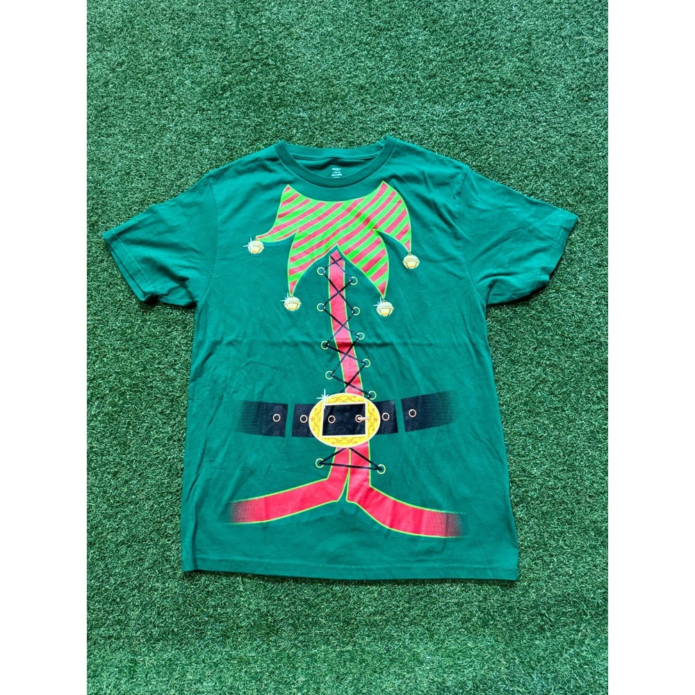 Holiday Time T-Shirt Mens Large Green Graphic Christmas Plush Elf Suit Pullover